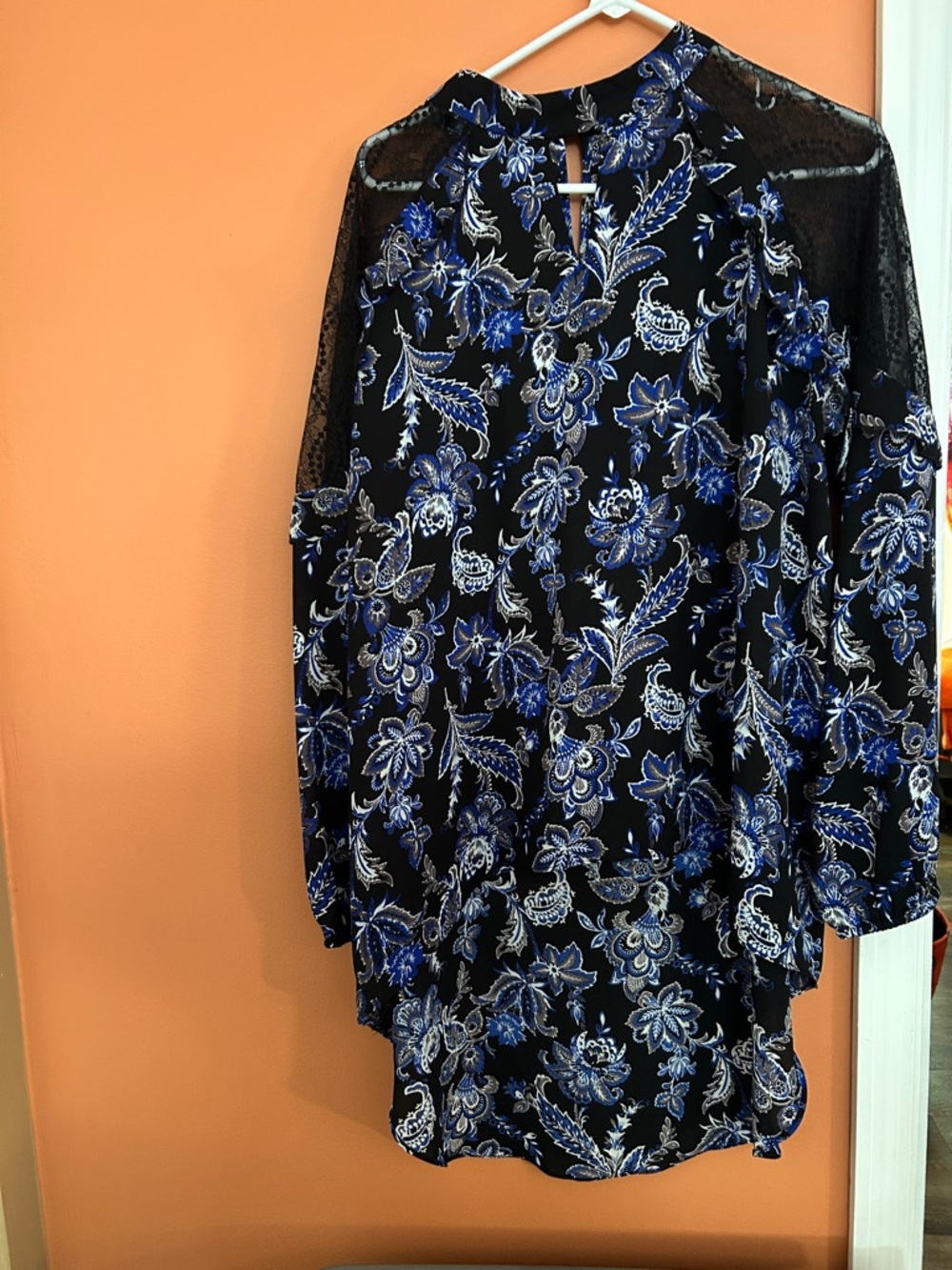 Cato Black Floral Lace-Shoulder Blouse with Blue & White Pattern